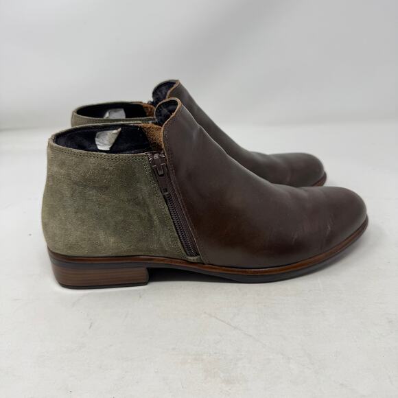 Naot Helm Two-Tone Leather Suede Side Zip Brown Green Ankle Boot Size 40 - Picture 4 of 14